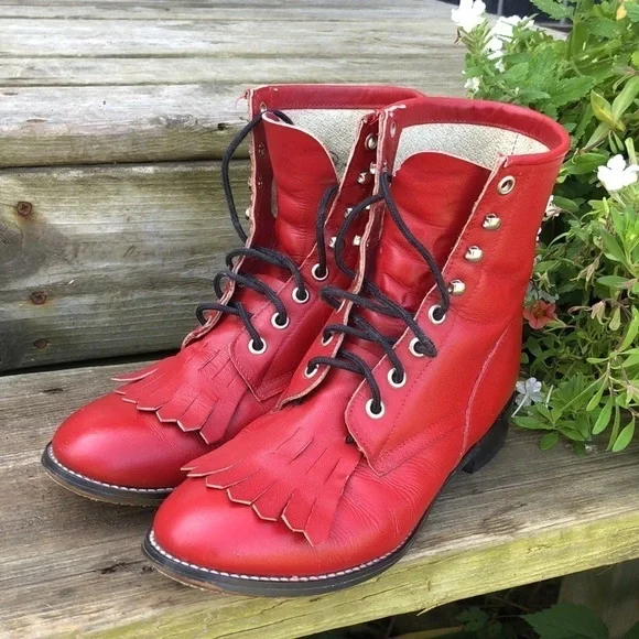 Vintage JUSTIN Boots RED Roper Size 5.5 D Style 503Y Registered NO. 73416 - Picture 1 of 16
